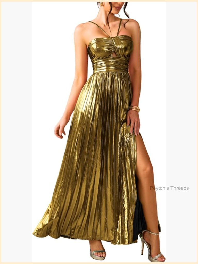 Metallic Prom Dress, Empire Waist Halter Formal Long Evening Gown, Gala Party